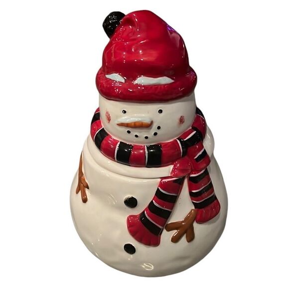 Pier 1 Import Ceramic Snowman with Scarf Christmas Hand Painted Cookie Jar - Picture 1 of 12